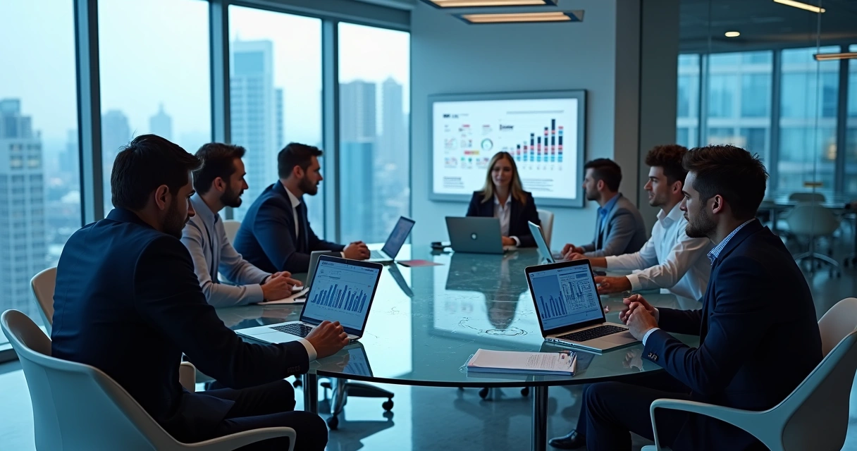 Empresários em reunião analisando dados de captação de leads em notebooks. 