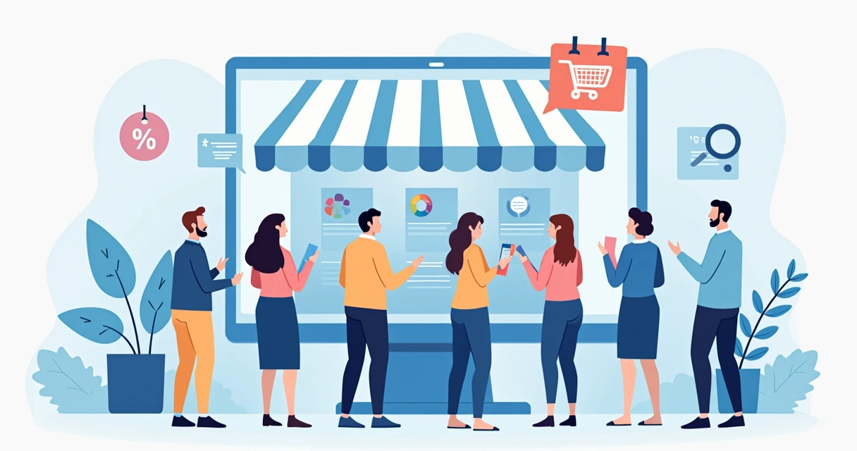 Desenho de grupo de pessoas olhando para uma vitrine online.