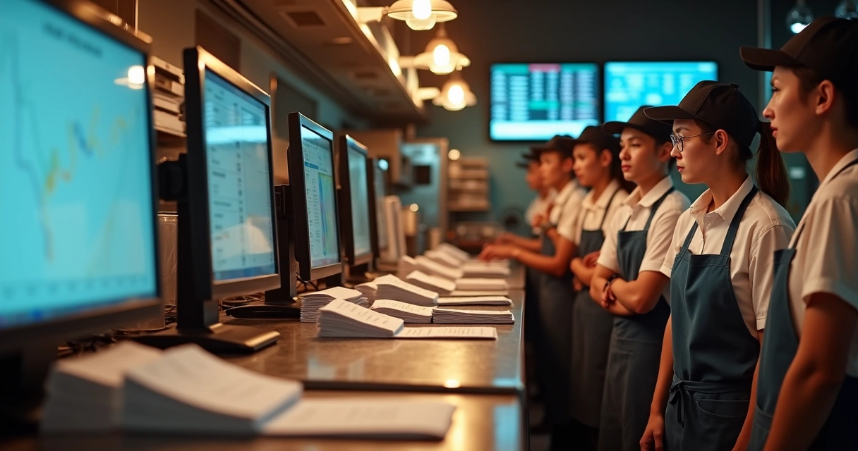 Equipe olhando confusa para tela de pedidos do restaurante
