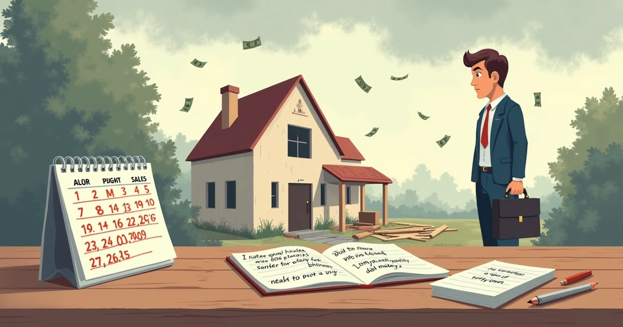 Ilustração de um proprietário frustrado em um canteiro de obras inacabado, com calendário e anotações sobre atrasos.