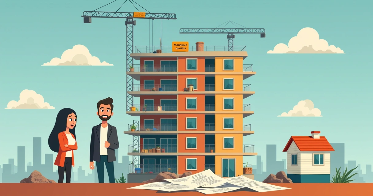 Ilustração de um apartamento em construção com pessoas frustradas, documentos no chão e uma balança simbolizando compensações.