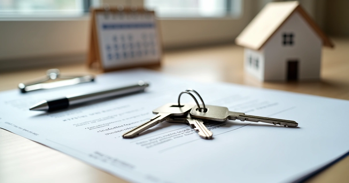 Chave de apartamento repousando sobre contrato de compra e venda assinado 