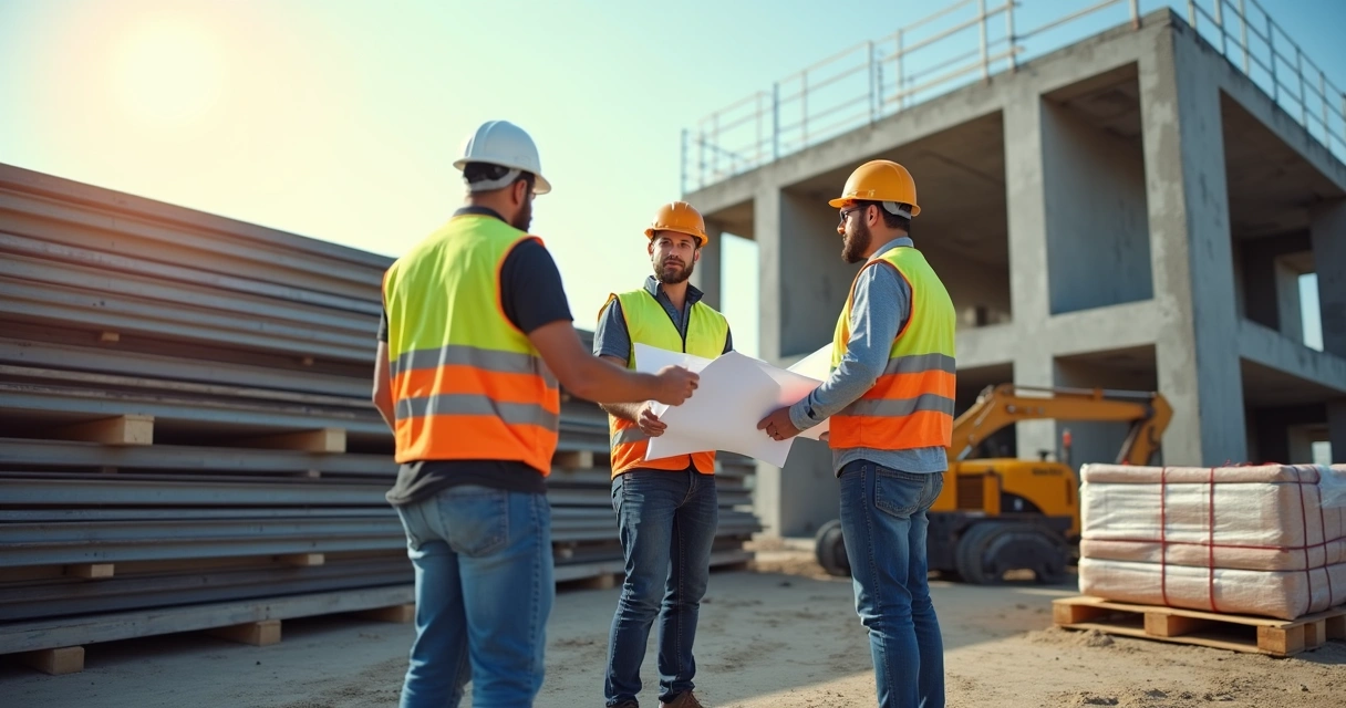 Construção civil com equipe inspecionando projeto e materiais atrasados no canteiro de obras 