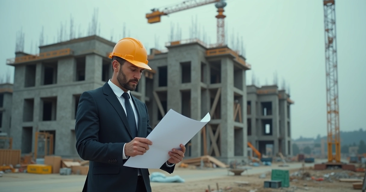 Homem com capacete analisando planta em obra parada 