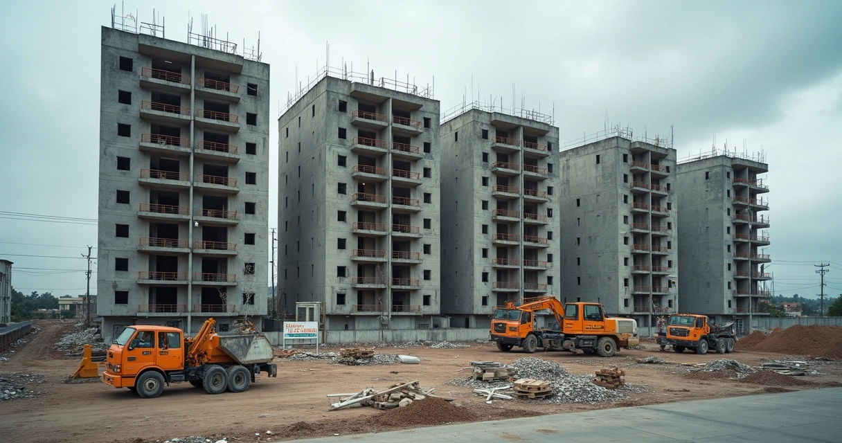 Canteiro de obras atrasada com placa de apartamento e equipamentos parados 