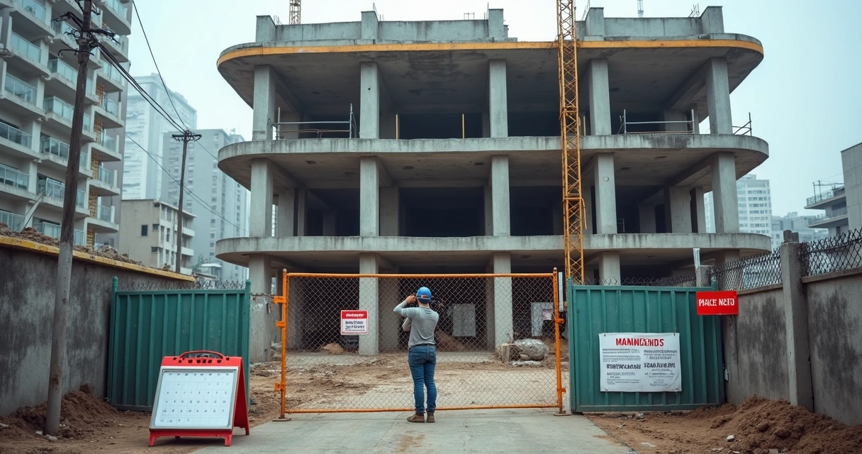 Obra de prédio residencial atrasada com tapumes e trabalhador ao fundo