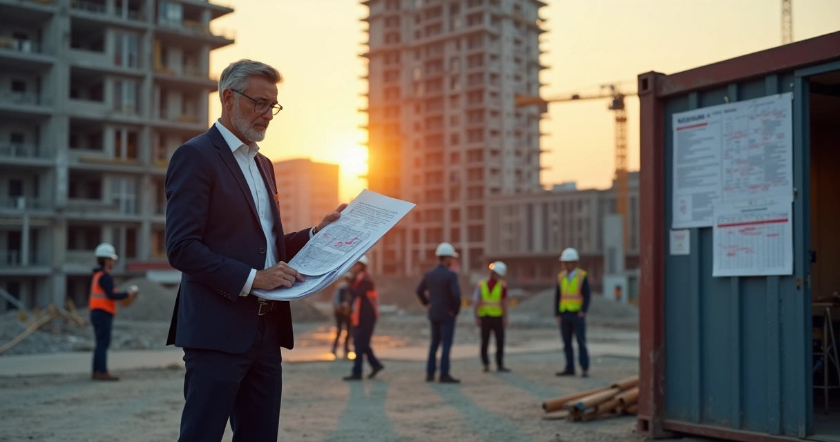 Incorporador analisa obra atrasada em canteiro de construção urbano 