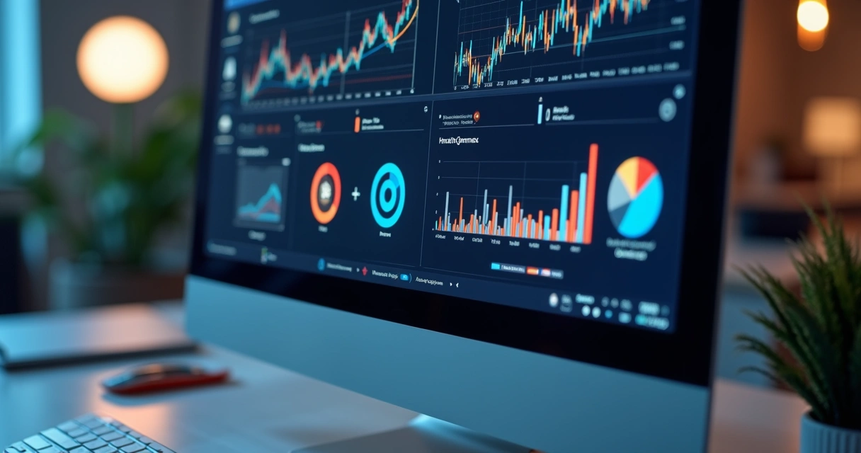 Tela de computador exibindo dashboard com gráficos coloridos de atribuição multicanal de mídia paga em alta resolução 