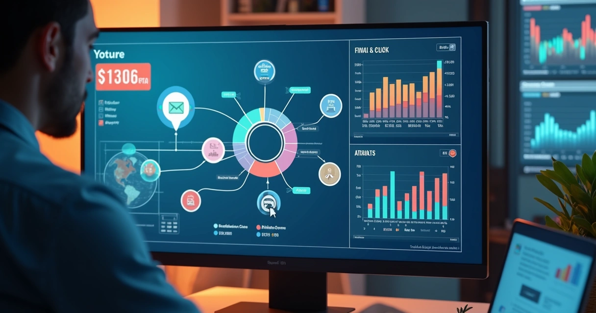 Representação gráfica do conceito de atribuição last click com múltiplos canais de marketing e gráfico em destaque no clique final para uma compra 