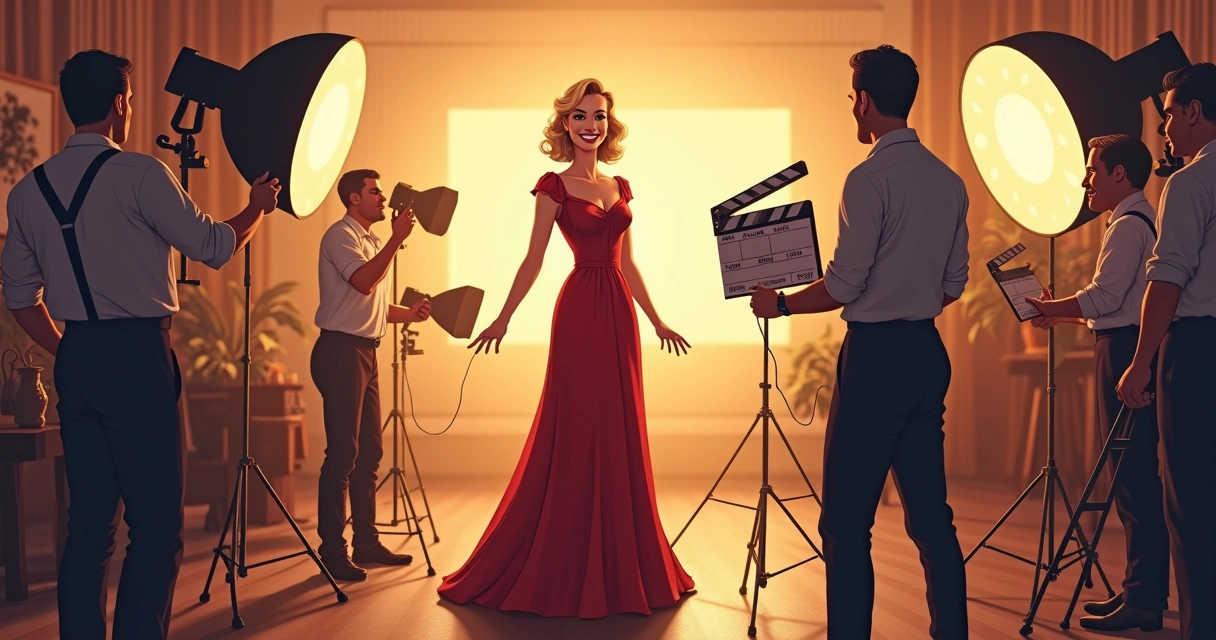 Atriz clássica em figurino de época, sorrindo com equipe no set de gravação