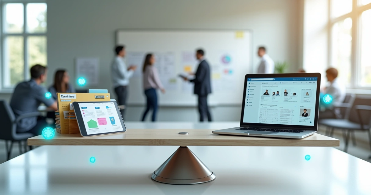 Duas pequenas empresas em lados opostos de uma balança, uma com foco em ATS e outra com foco em LinkedIn Recruiter 