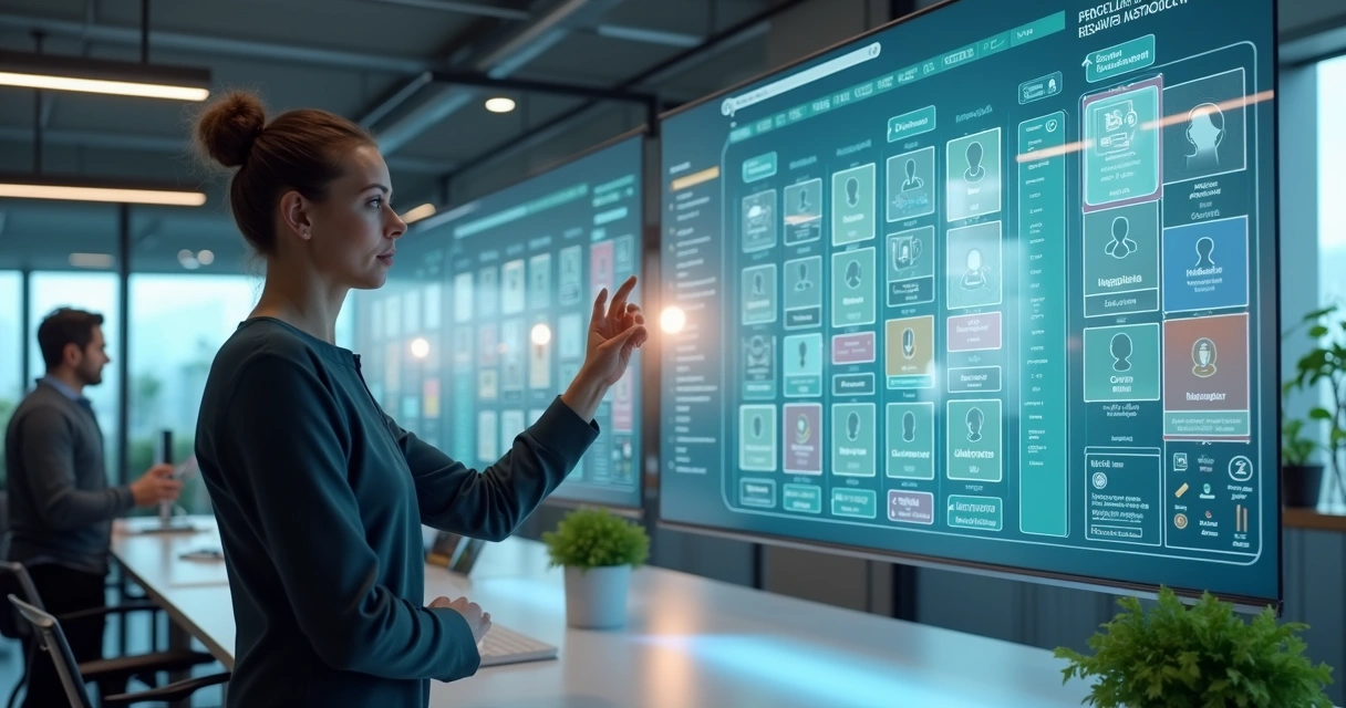 Profissional de RH usando painel digital de ATS com pipeline de candidatos 