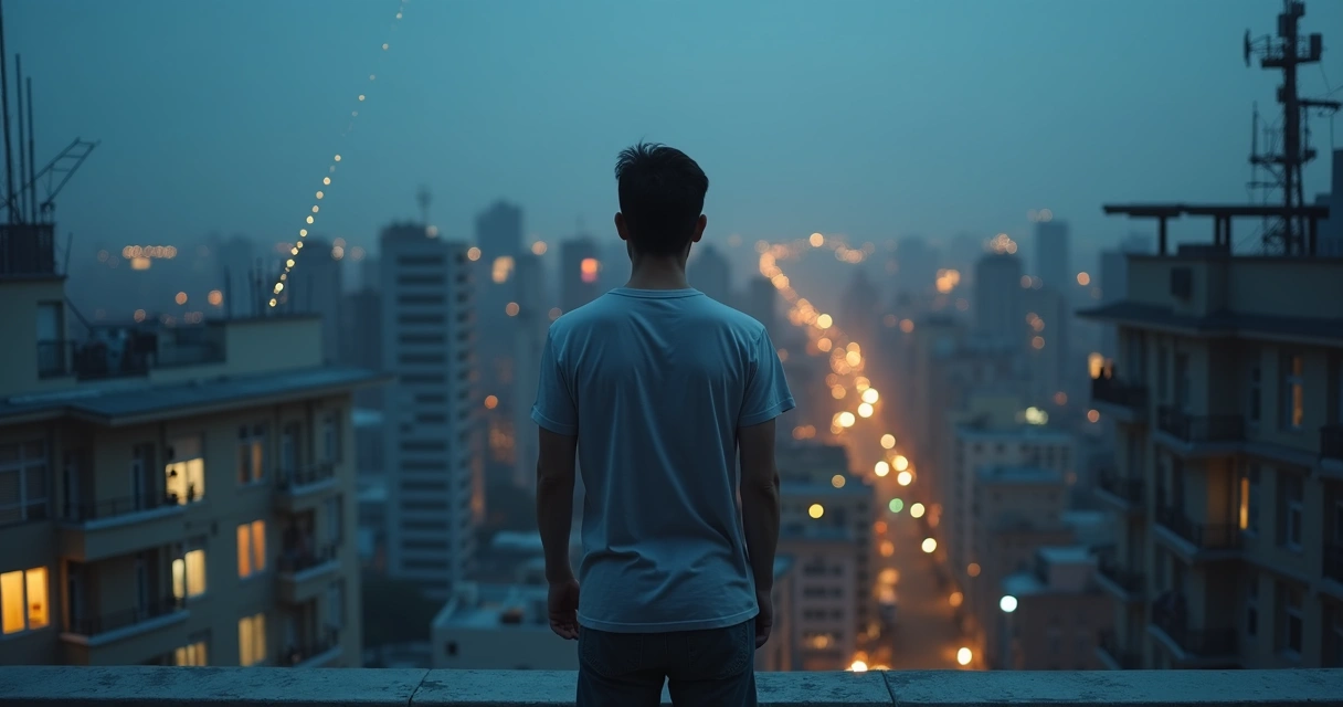 Adult standing on rooftop holding glowing thread connected to multiple city windows 