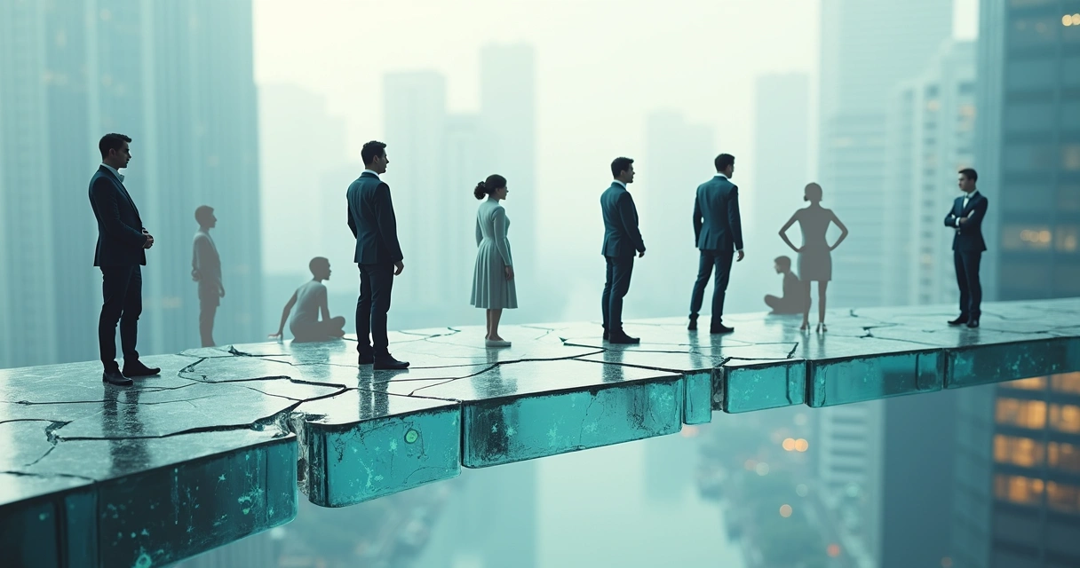 Team standing on fragmented glass bridge with emotional silhouettes below 