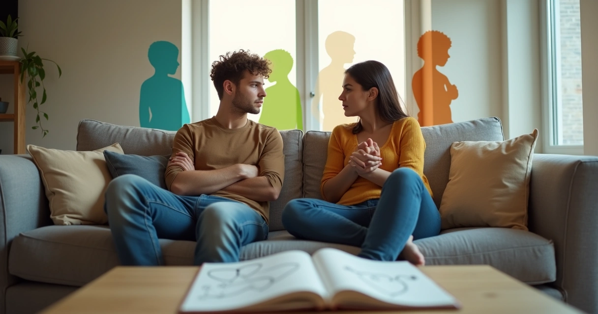 Couple on sofa showing different attachment styles in body language 