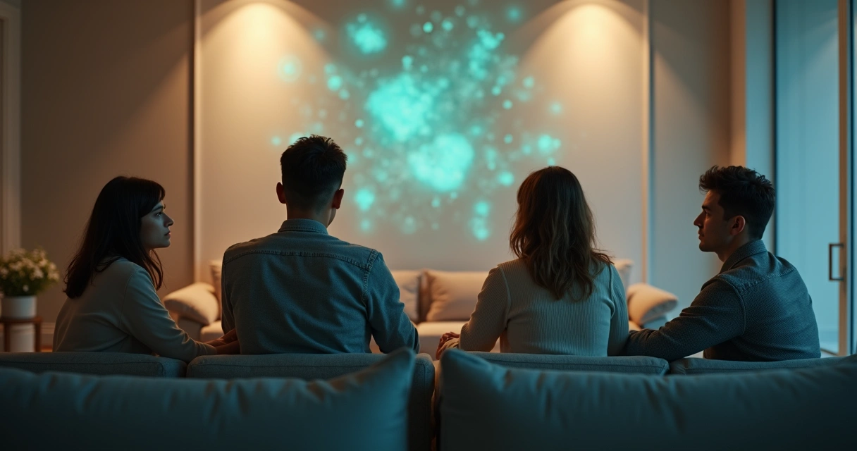 Four adults with different body language connected by subtle light patterns 