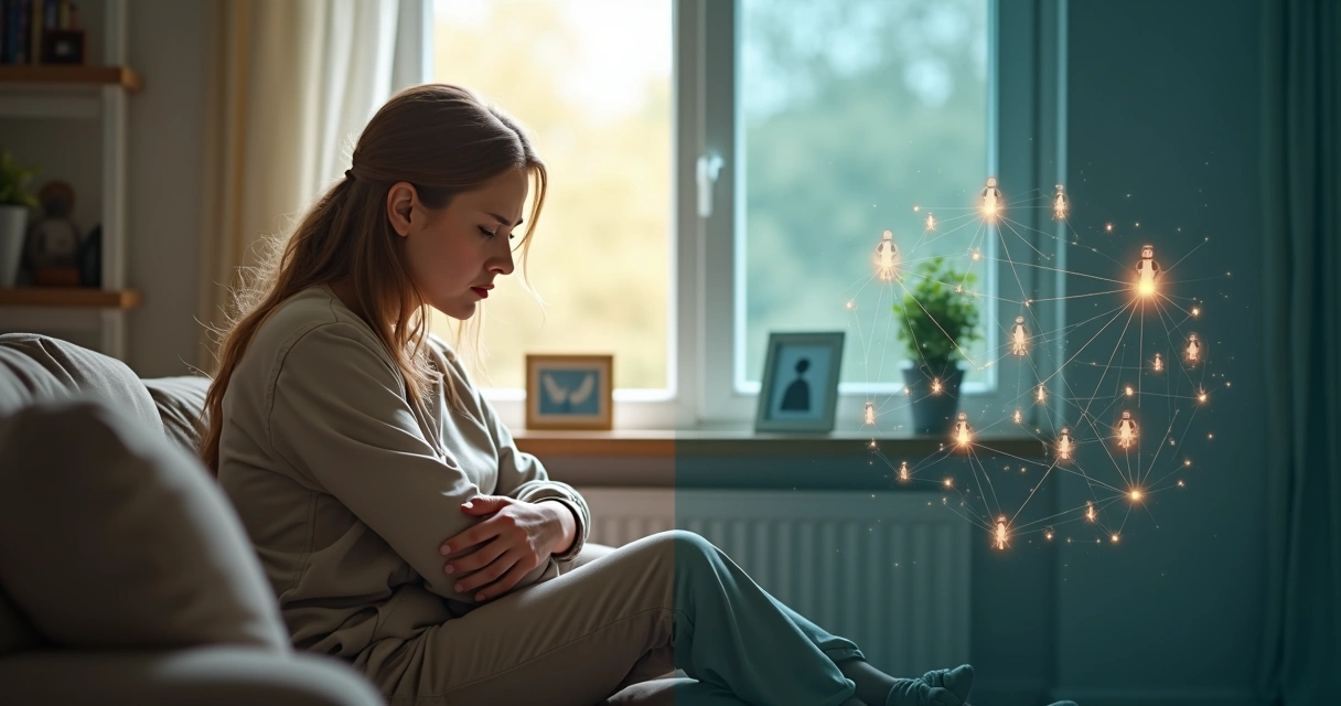 Split image showing a person with inner emotional pain and a larger web of interconnected relationships 