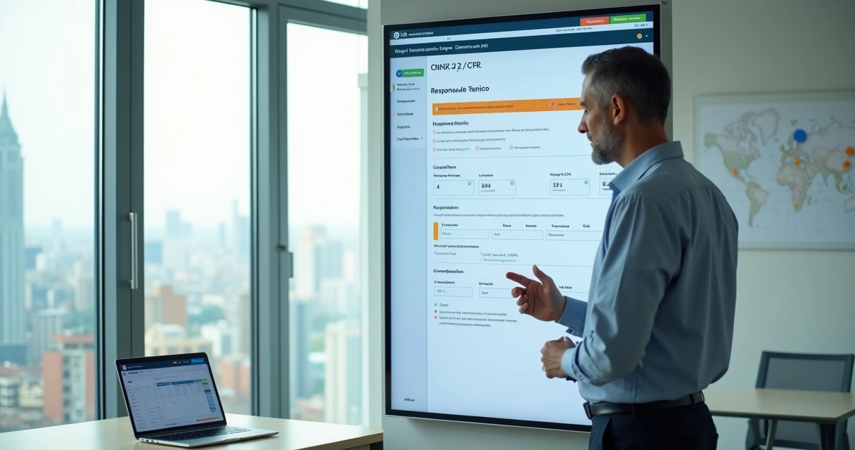 Responsável técnico atualizando dados de obra em painel digital com alerta de sistema 