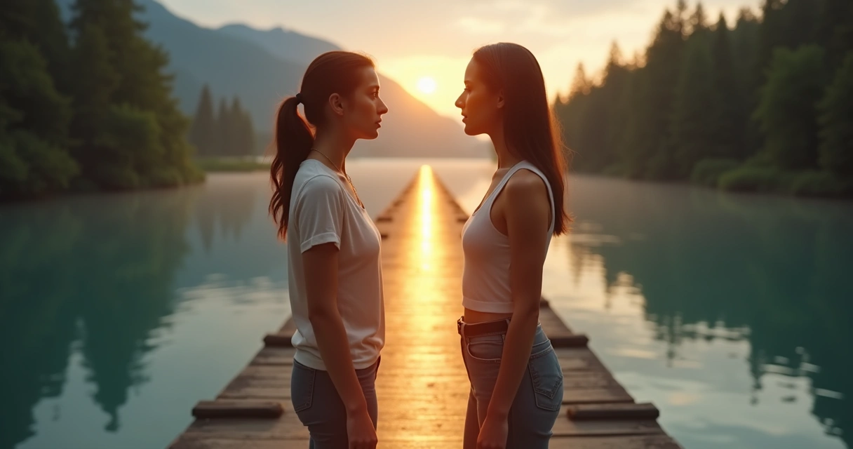 Two people on a narrow bridge mirroring body language and calming tension 
