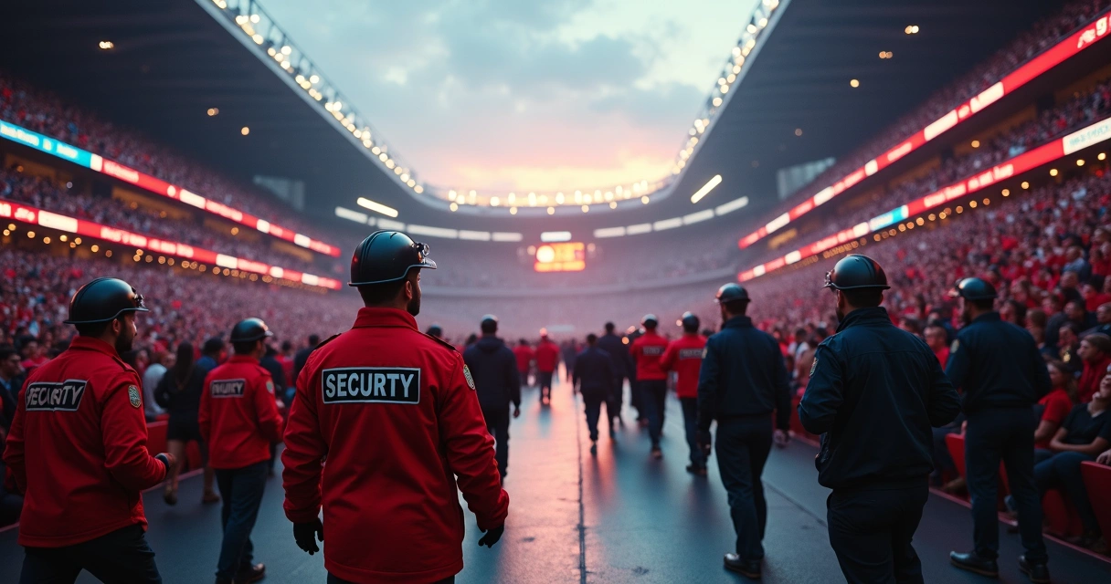Monitoramento de segurança em evento esportivo com multidão e equipe uniformizada