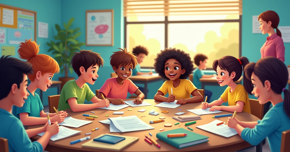 Estudantes diversos trabalhando em grupo em uma sala de aula colorida e acolhedora.