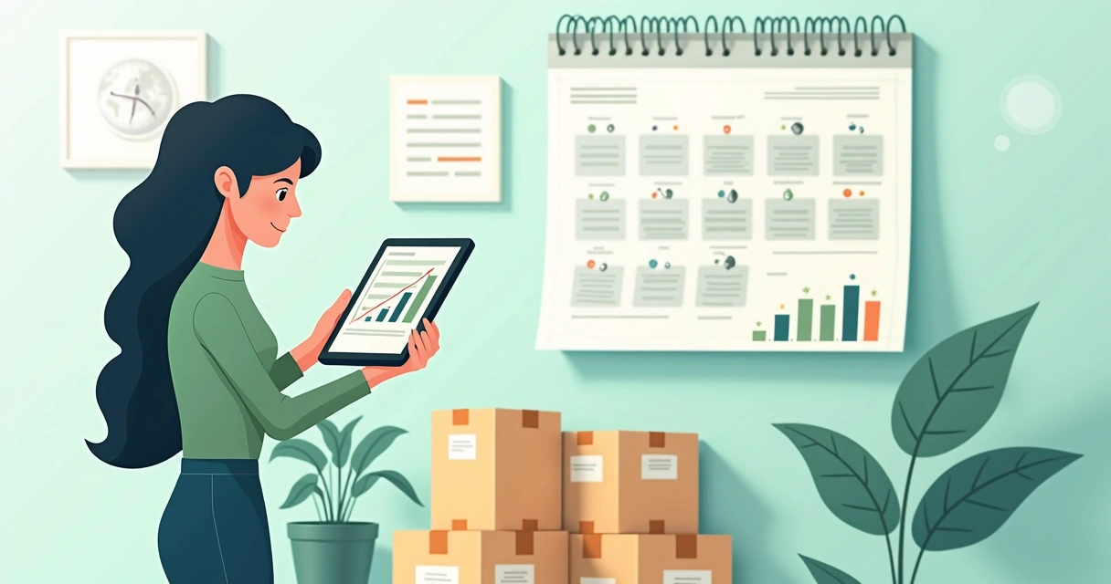 Mulher consultando gráficos atualizados em tablet ao lado de pacotes de envio 