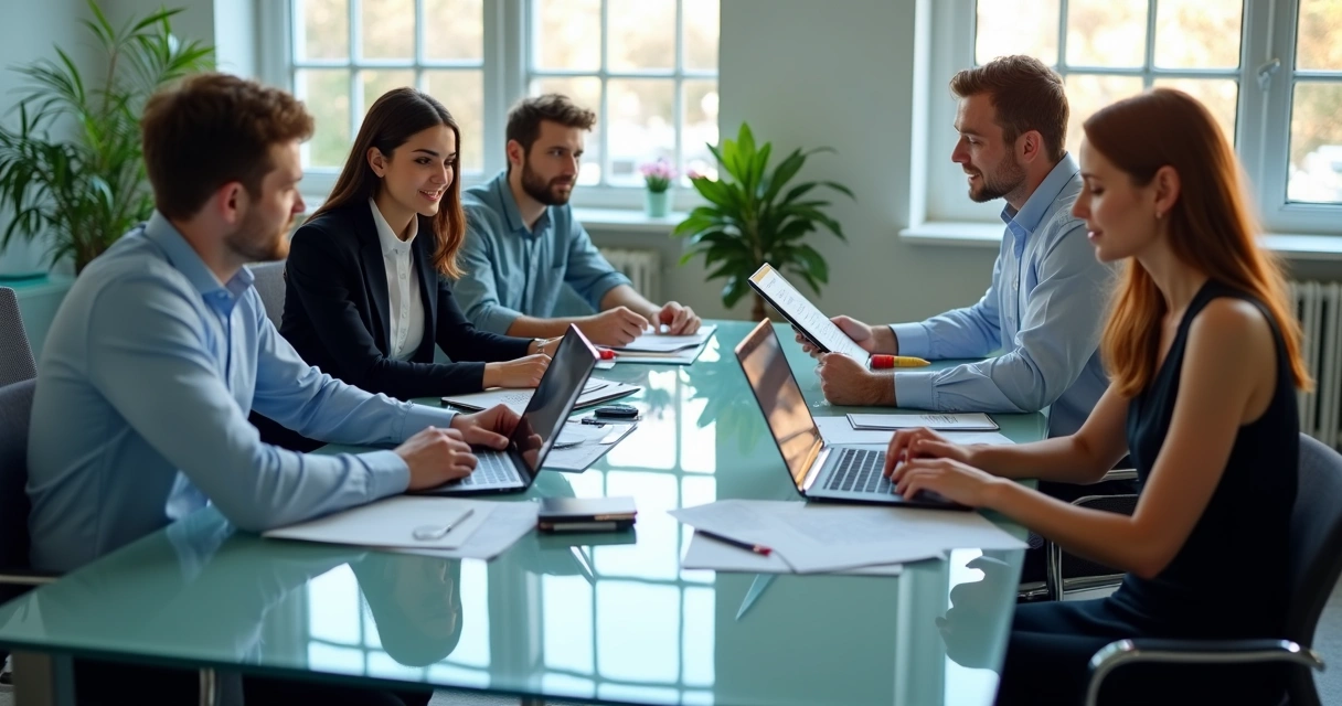 Equipe de análise administrativa atualizando documentos em um escritório moderno.