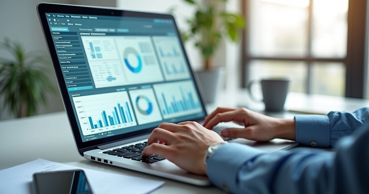 Pessoa atualizando dados cadastrais em laptop moderno com tela mostrando formulários e gráficos 