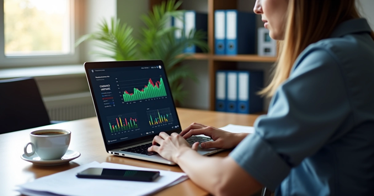 Pessoa analisando dados de cadastro em laptop com gráficos e documentos organizados em mesa 
