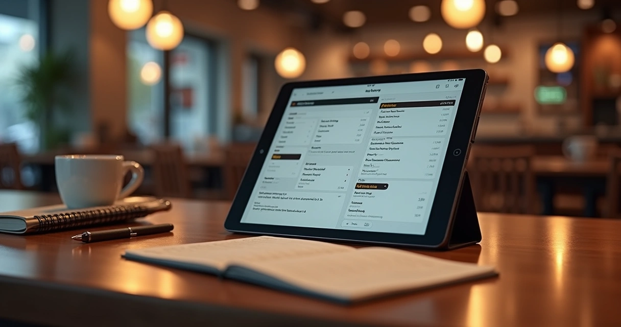 Mesa moderna com tablet exibindo cardápio digital com defeitos visíveis e anotações para melhorias 