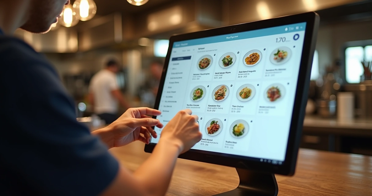 Painel digital de restaurante mostrando ajuste de pratos e preços no cardápio 