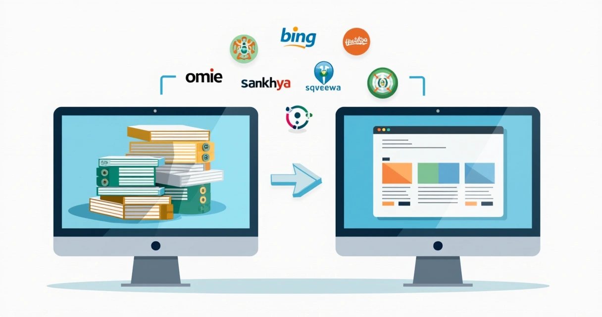 Ilustração de uma tela de computador mostrando integração entre catálogo online e ERP, com setas conectando dados de estoque e produtos