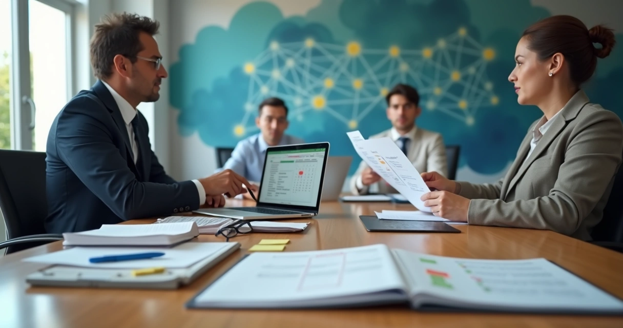 Mesa com advogada e dirigente sindical revisando atualização de cadastro em laptop 