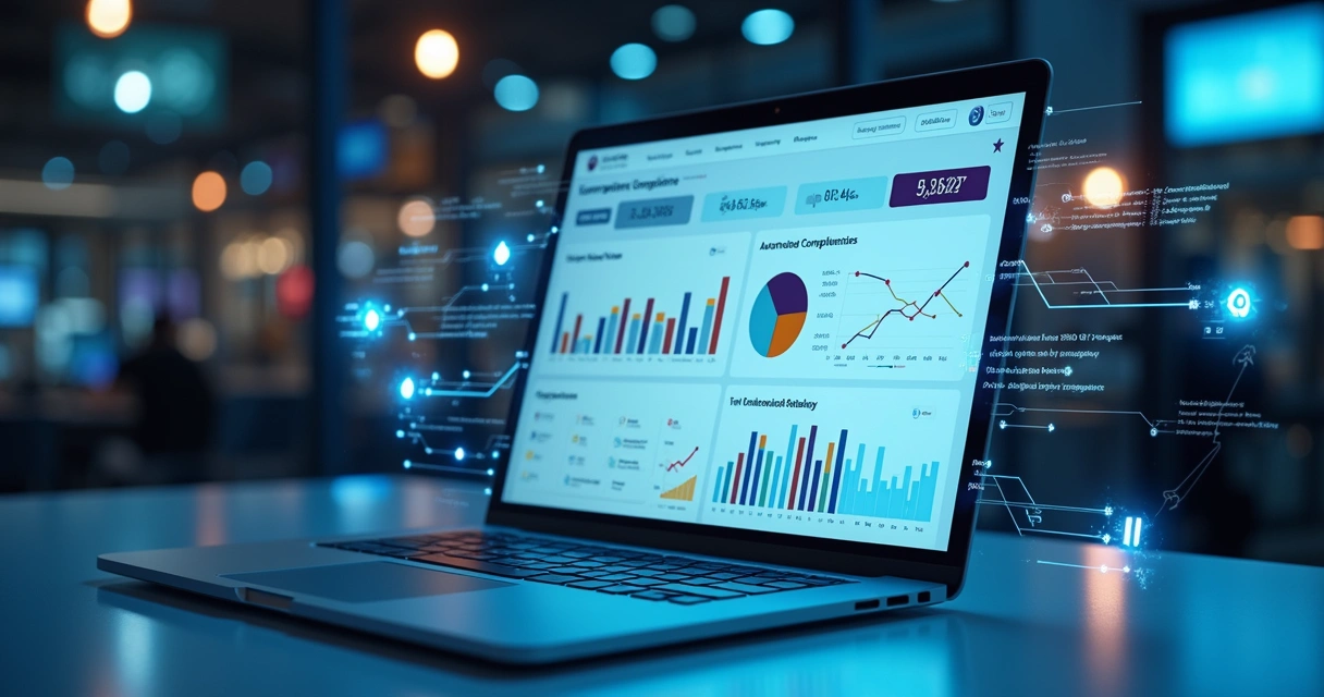 Computador aberto mostrando software de compliance com gráficos e dados automatizados na tela 