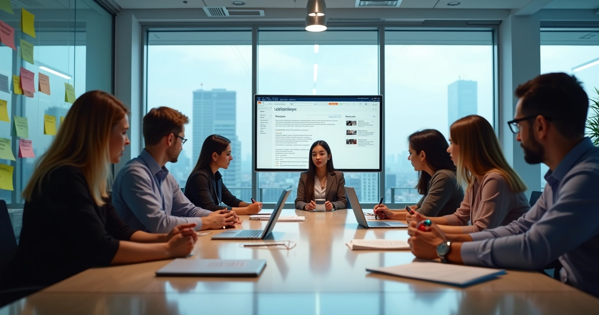 Equipe de profissionais revisando textos em vários idiomas em ambiente de escritório 