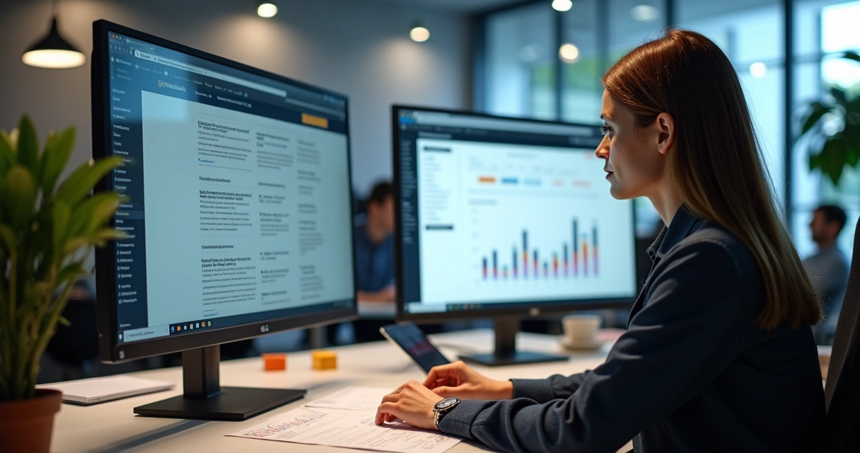 Profissional revisando e atualizando conteúdo em site empresarial 