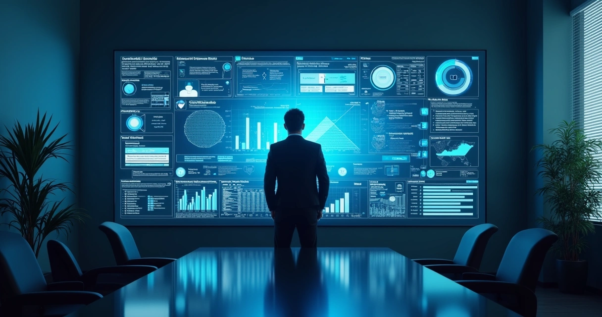 Gestor analisando painel de status de TI em tela digital grande 