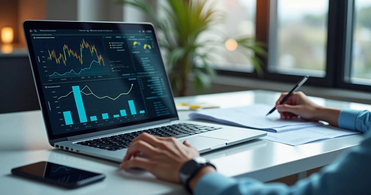 Pessoa atualizando dados cadastrais em laptop moderno no escritório, com gráficos de análise de crédito no monitor 
