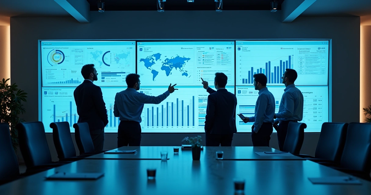 Equipe atualizando painel de dados digitais em dashboard 