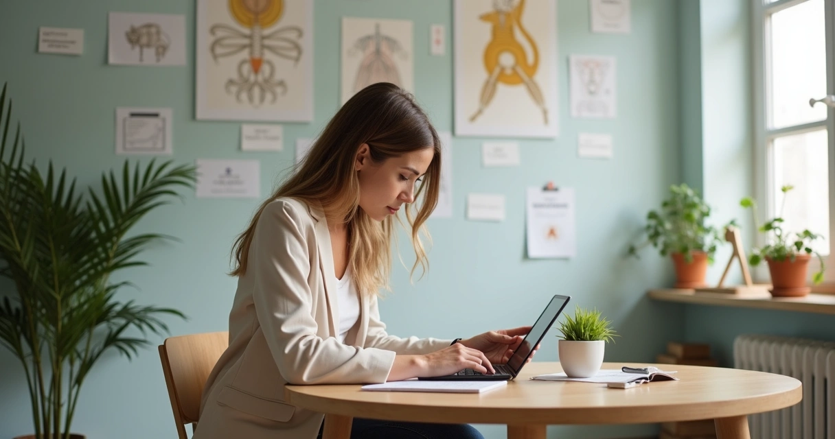 Profissional revisando conteúdo médico com tablet