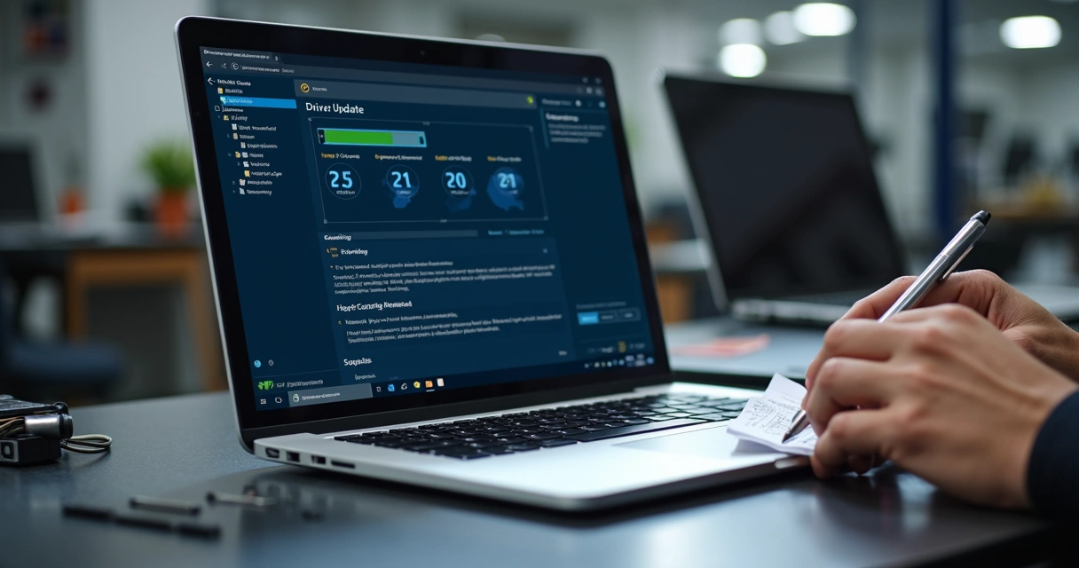 Tela de notebook com atualização de driver e técnico ao lado 