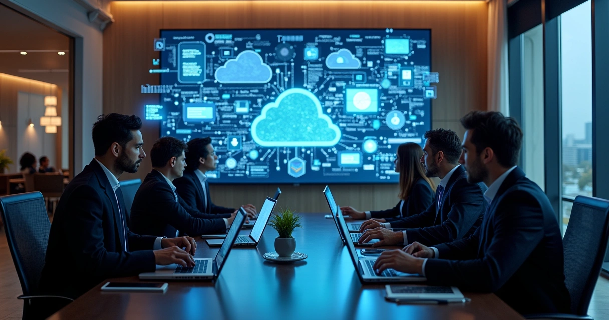 Equipe de gestores realizando upgrade de sistema ERP moderno em ambiente corporativo elegante e tecnológico 