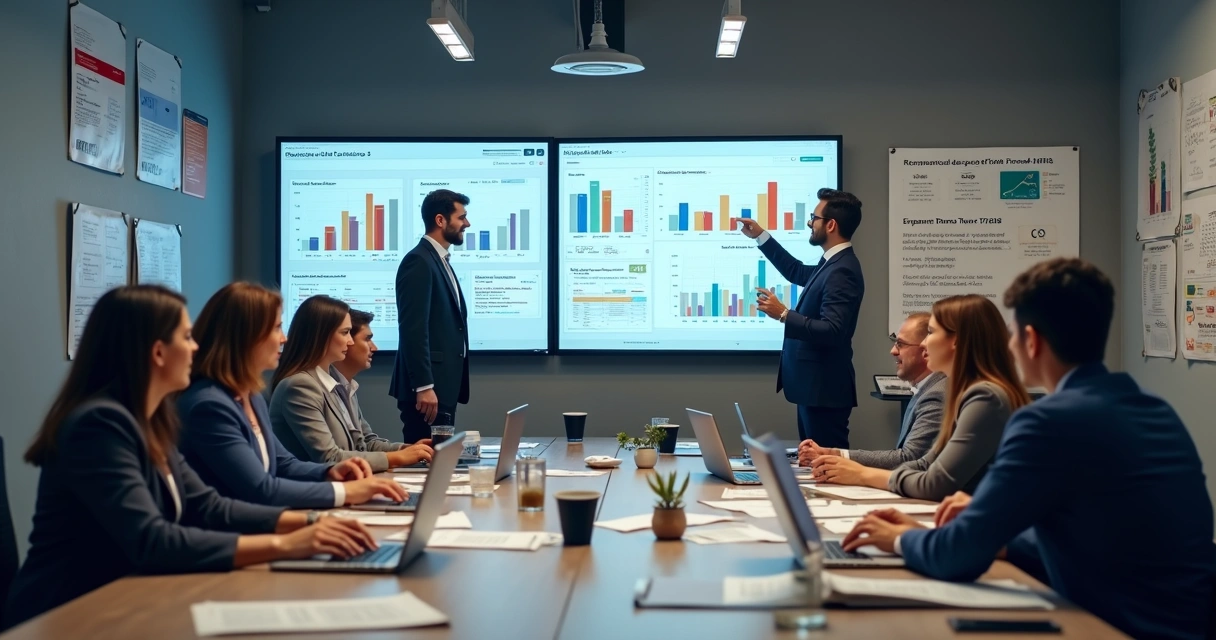 Profissionais analisando telas de ERP com gráficos e tabelas fiscais 