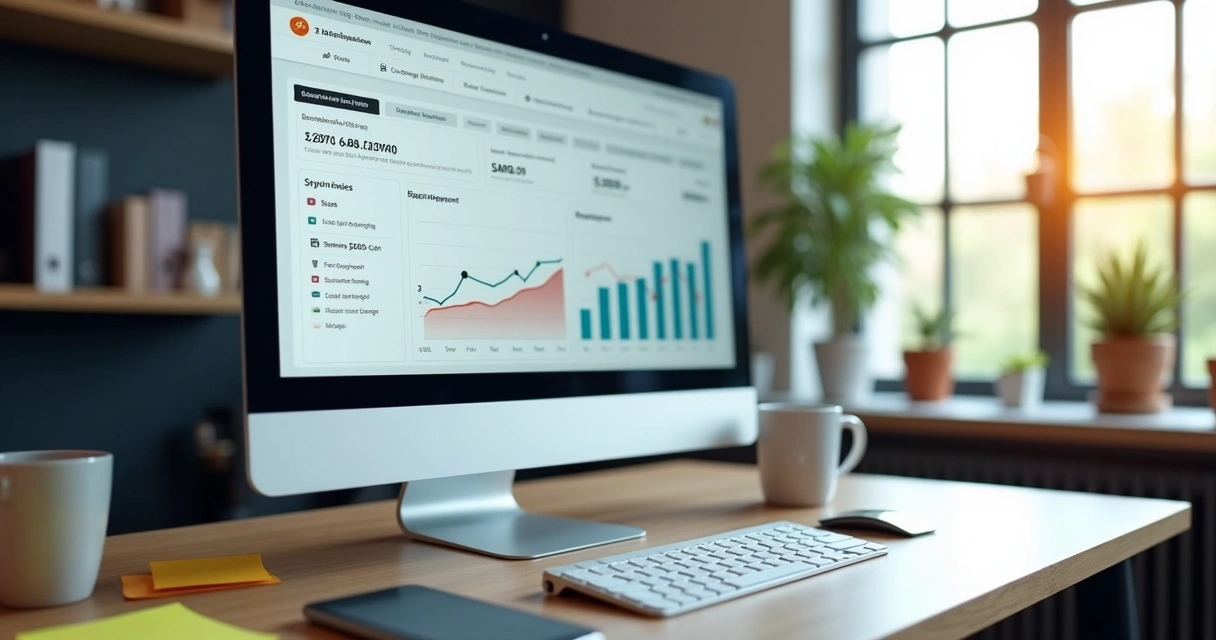 Tela de computador exibindo atualização automática de estoque em plataforma de e-commerce, com gráficos e notificações visíveis 