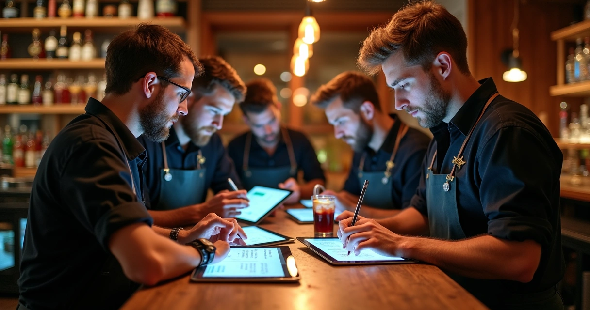 Equipe de bar revisando fichas técnicas em tablets ao redor do balcão 