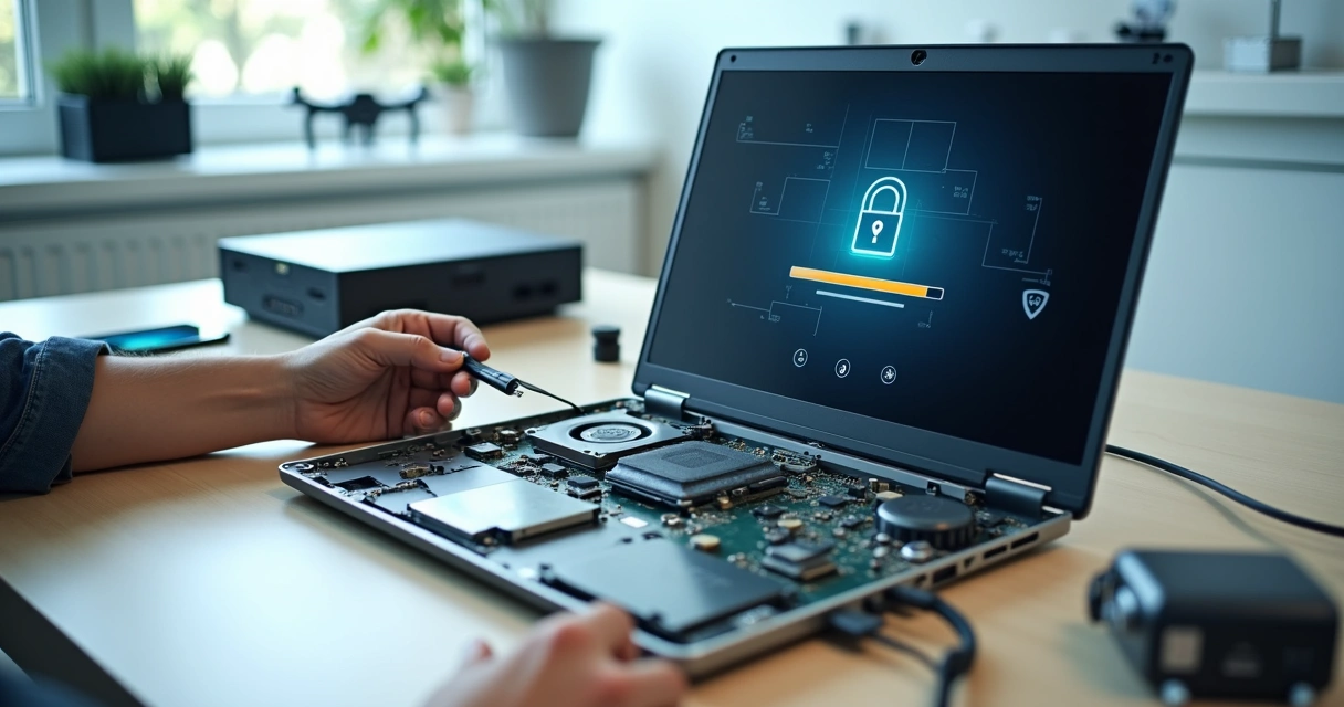 Técnico atualizando firmware em notebook aberto sobre a mesa 