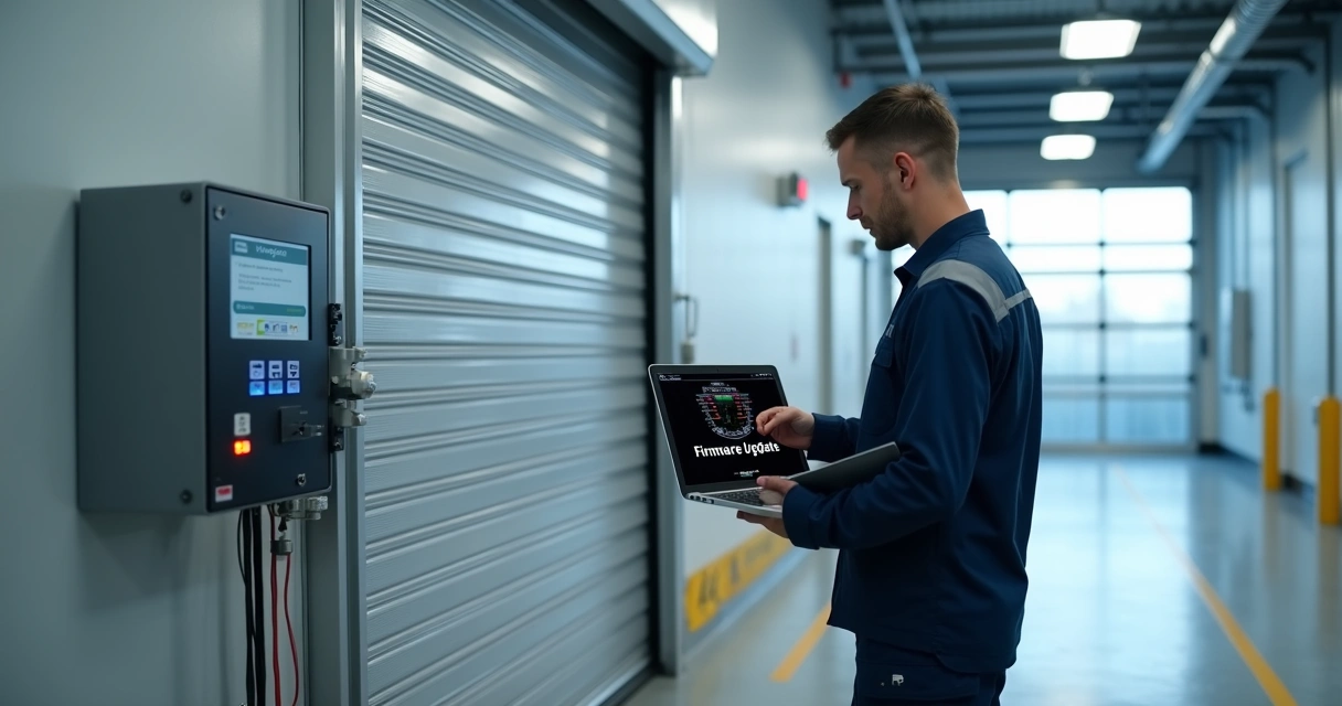 Técnico atualiza controle digital de porta automática em área industrial limpa 