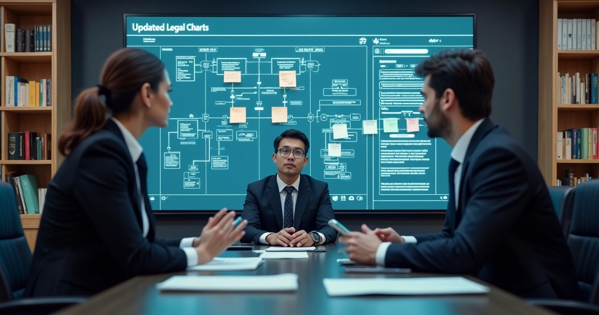 Reunião entre advogados revisando fluxos de automação em telas digitais 
