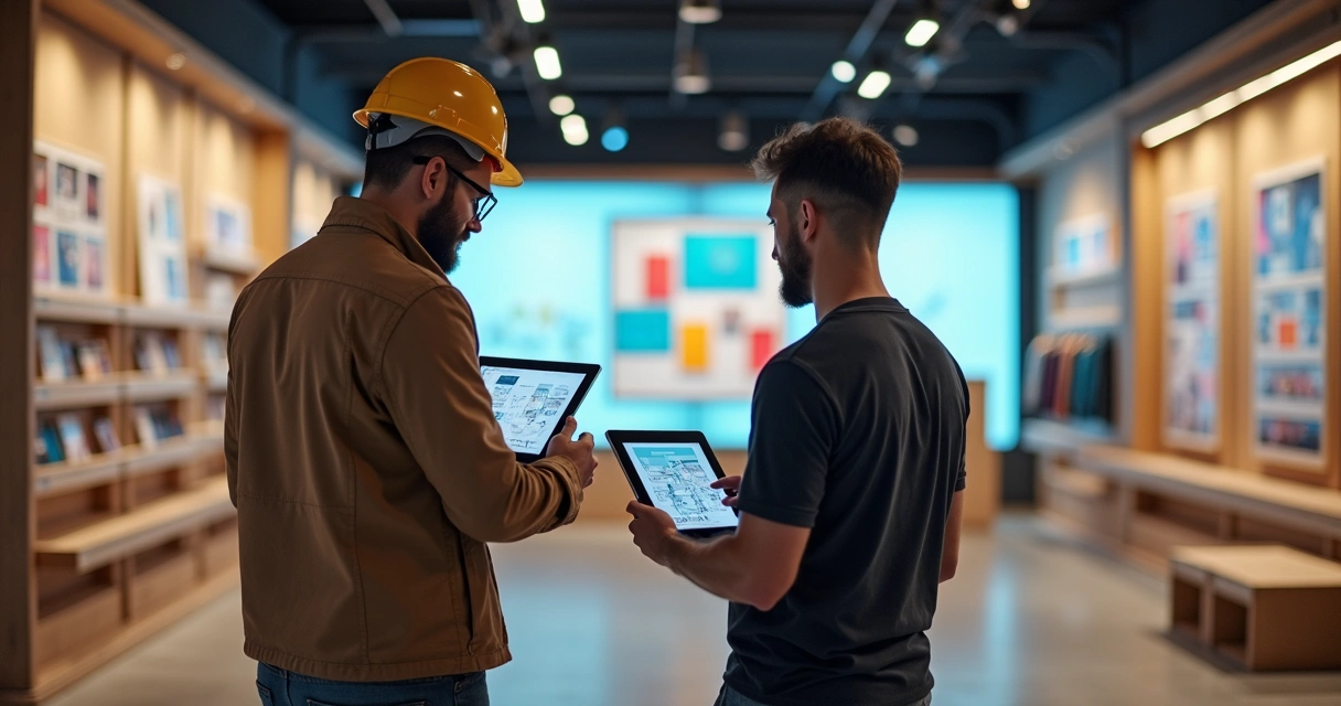 Arquitetos revisando novo layout digital em uma loja em obras 
