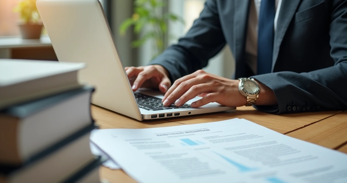 Consultor checando legislação em notebook numa mesa com documentos de normas 